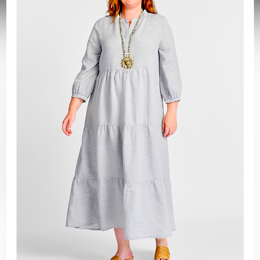 Flax 100% Linen Gaia Tiered Midi Dress Story Stripe 3/4 Sleeve Women’s Large